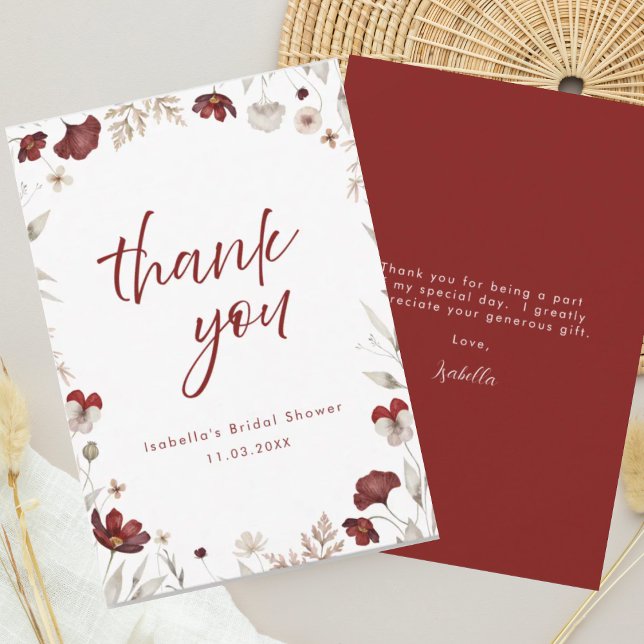 Burgundy Floral Rustic Bridal Shower  Thank You Card (Creator Uploaded)