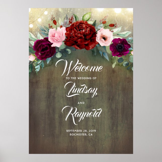 Burgundy Floral Rustic Country Wedding Welcome Poster (Front)