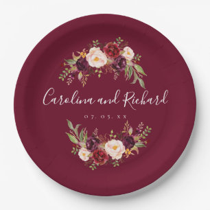 Burgundy Floral Rustic Engagement Party Paper Plate