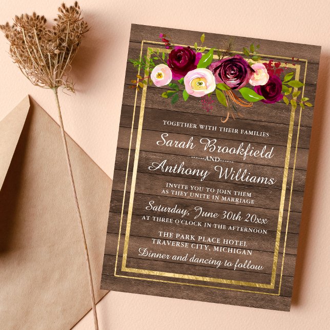 Burgundy Floral Rustic Gold Blush Rose Wedding Invitation (Creator Uploaded)