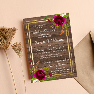 Burgundy Floral Rustic Gold Rose Baby Shower Invitation