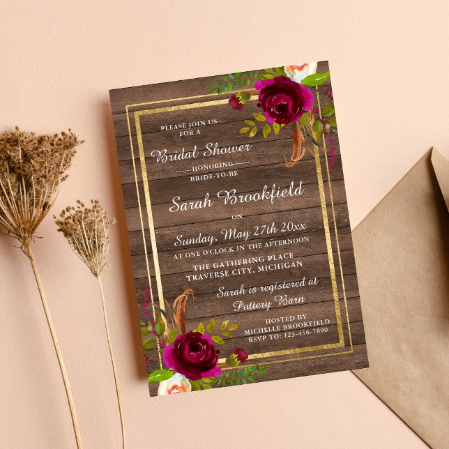 Burgundy Floral Rustic Gold Rose Bridal Shower Invitation (Creator Uploaded)