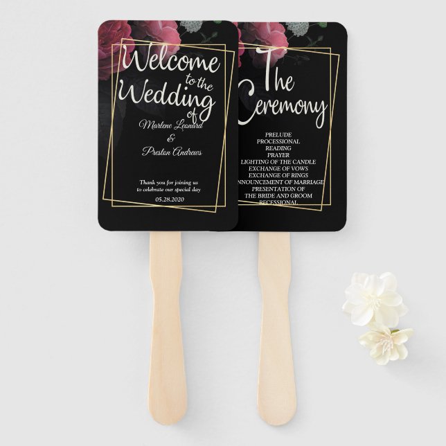 Burgundy  Floral Rustic Hand Fan (Front and Back)