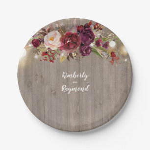 Burgundy Floral Rustic Paper Plate