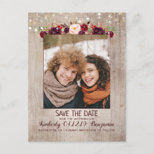 Burgundy Floral Rustic Photo Save the Date Announcement Postcard