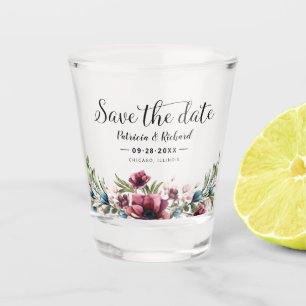 Burgundy Floral Rustic Save the Date Shot Glass