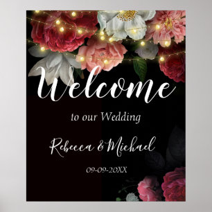 Burgundy  Floral Rustic string lights Poster