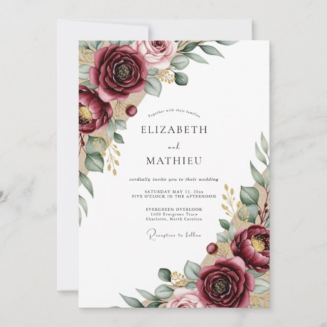 Burgundy Floral Rustic Wedding Invitation (Front)