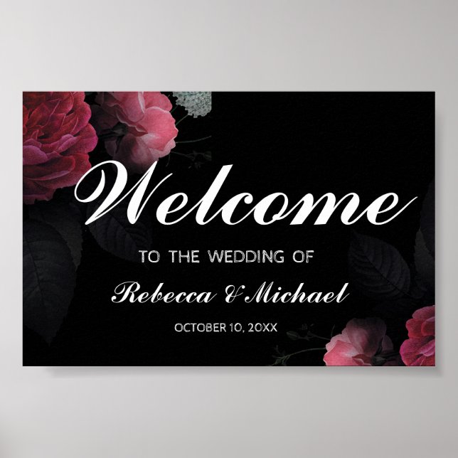 Burgundy  Floral Rustic Wedding Welcome Poster (Front)