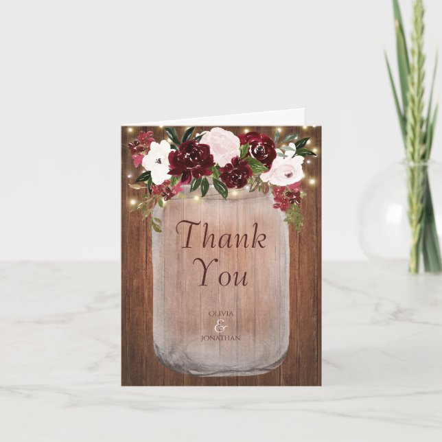 Burgundy Floral Rustic Wood Mason Jar Wedding Thank You Card (Front)