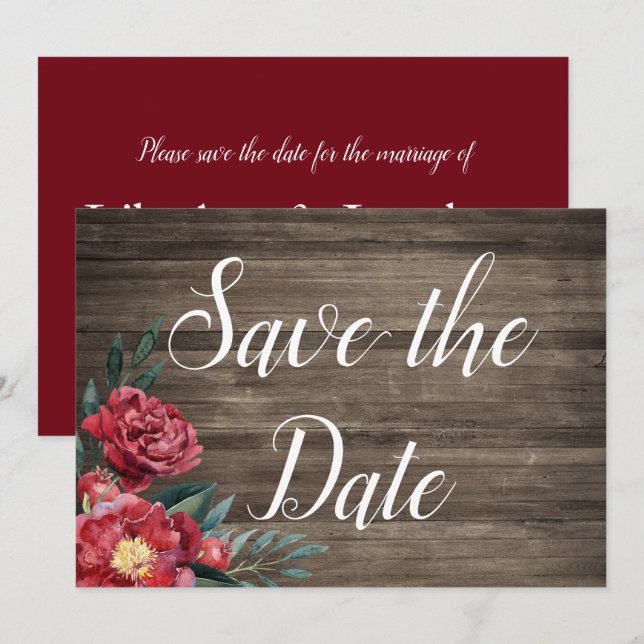 Burgundy Floral Rustic Wood Save the Date Card (Front/Back)