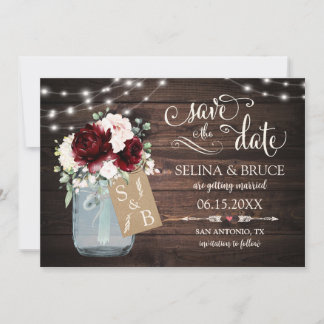 Burgundy Floral Rustic Wood Save the Date Card
