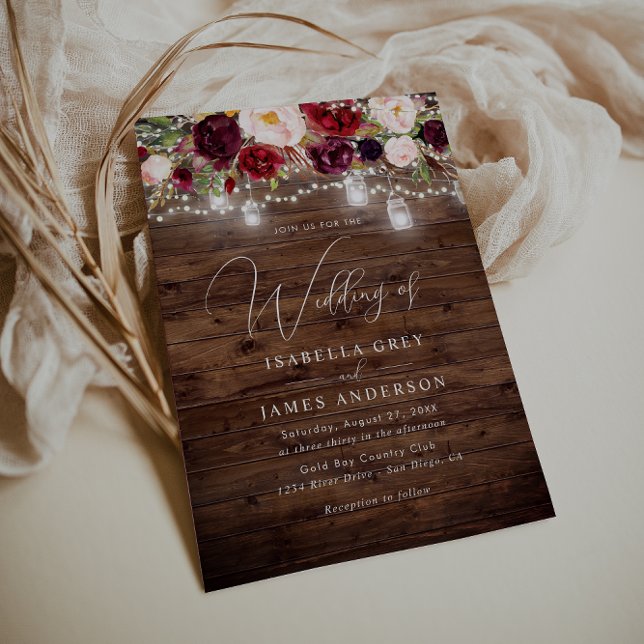 Burgundy Floral Rustic Wood Wedding  Invitation (Creator Uploaded)