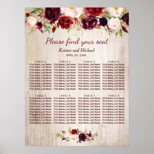 Burgundy Floral Rustic Wood Wedding Seating Chart