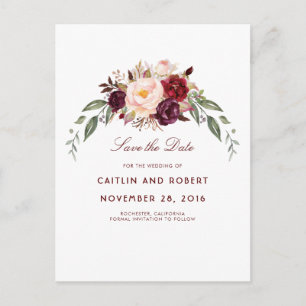 Burgundy Floral Save the Date Announcement Postcard
