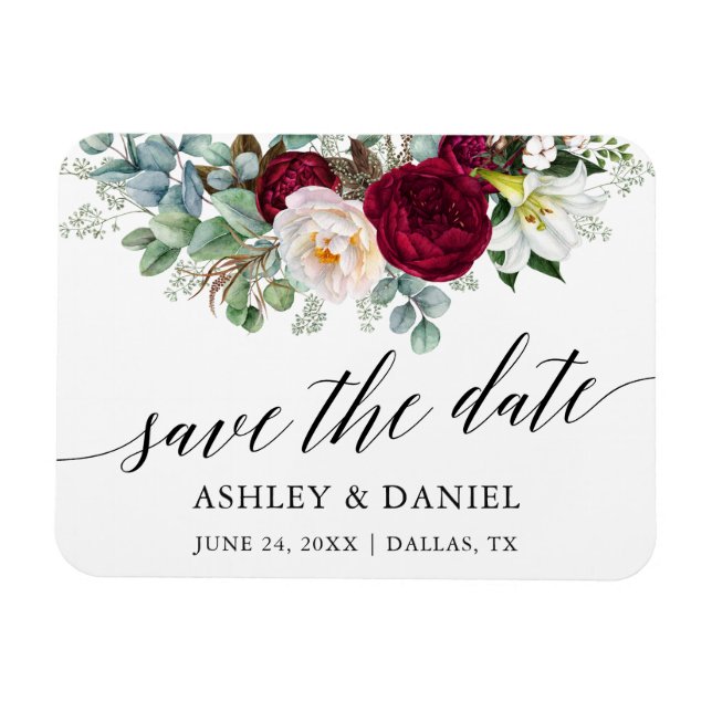 Burgundy Floral Save the Date Greenery Magnet (Horizontal)