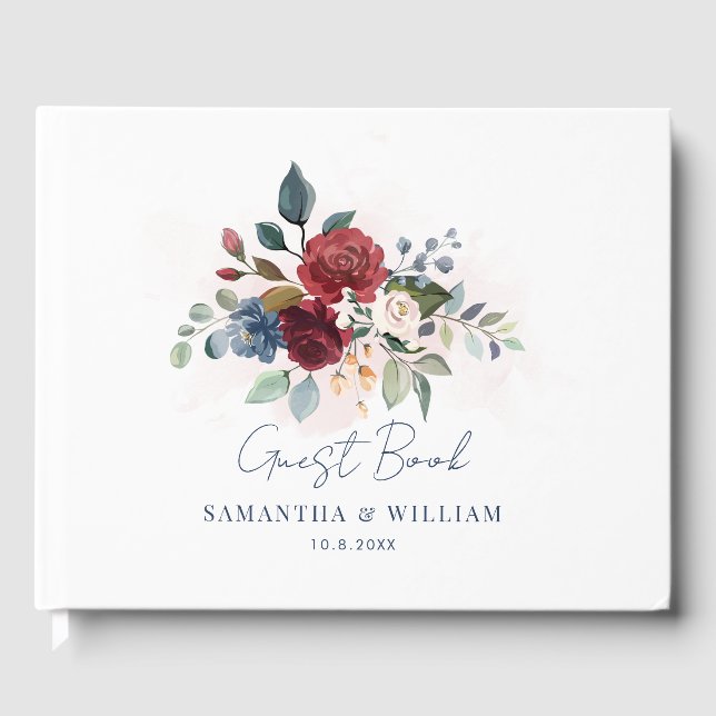 Burgundy Floral Script Botanical Wedding Guest Book (Front)