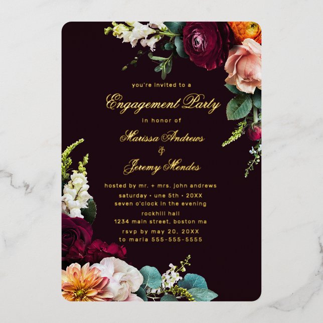 Burgundy Floral Script Engagement Party Gold (Front)