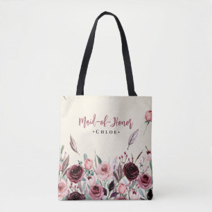 Burgundy Floral Script Maid of Honour Bridesmaid Tote Bag