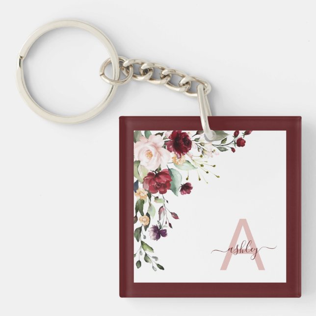 Burgundy Floral Script Monogram Initial Name Key Ring (Front)