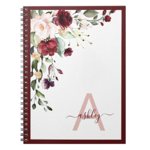 Burgundy Floral Script Monogram Initial Name Notebook
