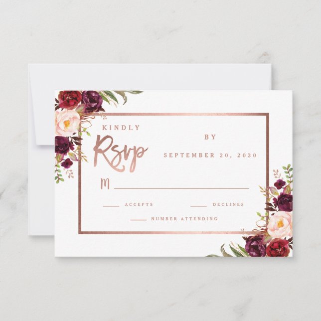 Burgundy Floral Script Rose Gold Wedding RSVP Card (Front)