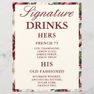Burgundy Floral Signature Drinks Wedding Bar Sign