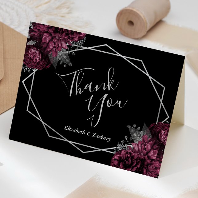 Burgundy Floral Silver Black Geometric Wedding Thank You Card (Creator Uploaded)