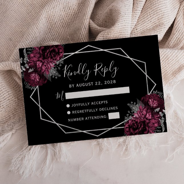 Burgundy Floral Silver Frame Black RSVP Card (Creator Uploaded)