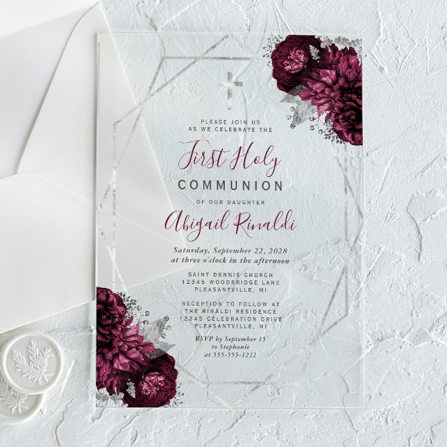 Burgundy Floral Silver Frame First Holy Communion Acrylic Invitations (Creator Uploaded)