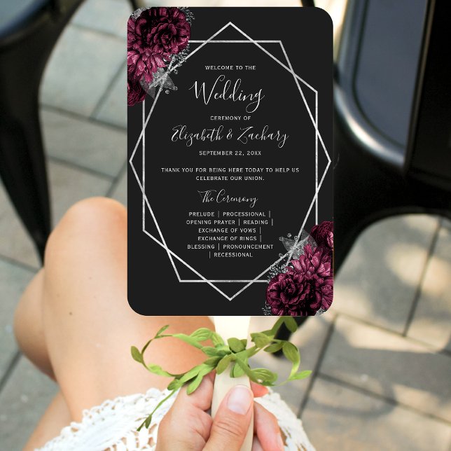 Burgundy Floral Silver Geo Black Wedding Program Hand Fan (Creator Uploaded)