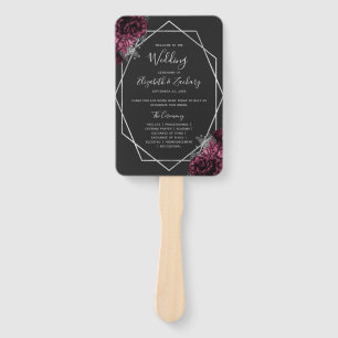 Burgundy Floral Silver Geo Black Wedding Program Hand Fan