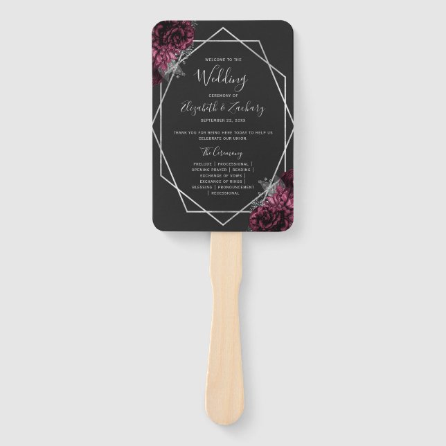 Burgundy Floral Silver Geo Black Wedding Program Hand Fan (Front)