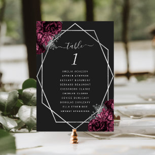 Burgundy Floral Silver Geo Frame Black Wedding Table Number