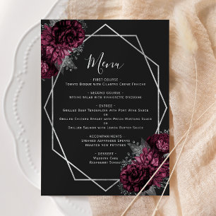 Burgundy Floral Silver Geometric Black Wedding Menu
