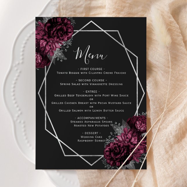 Burgundy Floral Silver Geometric Black Wedding Menu (Creator Uploaded)