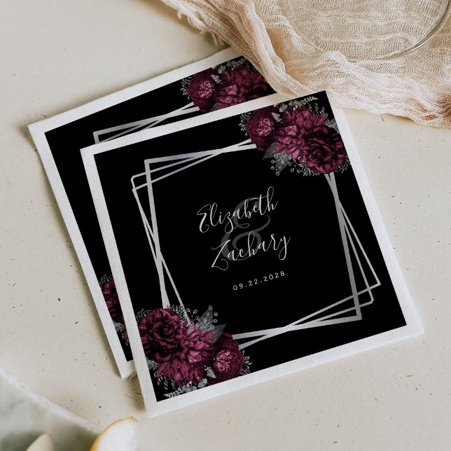 Burgundy Floral Silver Geometric Black Wedding Napkin (Creator Uploaded)