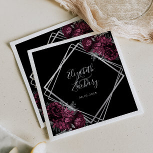 Burgundy Floral Silver Geometric Black Wedding Napkin
