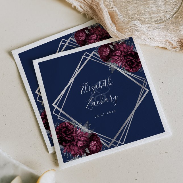 Burgundy Floral Silver Geometric Navy Blue Wedding Napkin (Creator Uploaded)