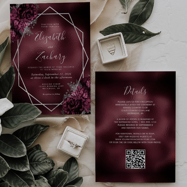 Burgundy Floral Silver Geometric QR Code Wedding Invitation (Creator Uploaded)