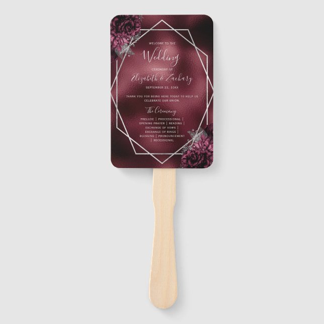 Burgundy Floral Silver Geometric Wedding Program Hand Fan (Front)