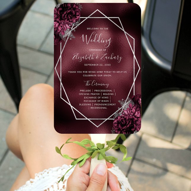 Burgundy Floral Silver Geometric Wedding Program Hand Fan (Creator Uploaded)