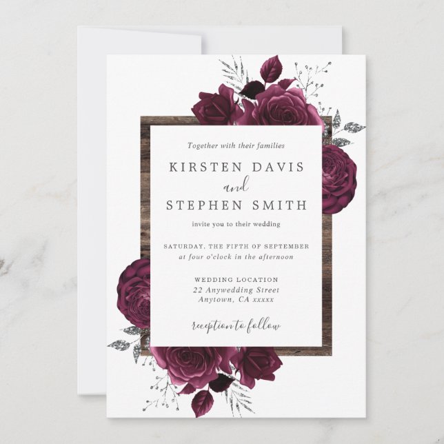 Burgundy Floral Silver Glitter Rustic Wood Wedding Invitation (Front)