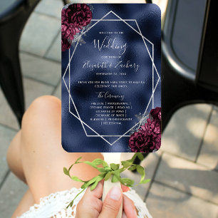 Burgundy Floral Silver Navy Foil Wedding Program Hand Fan
