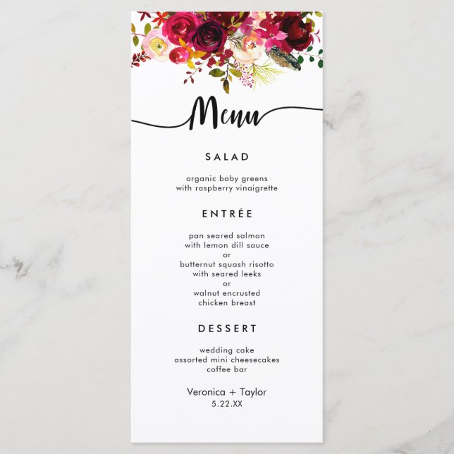 Burgundy Floral Simple 3 course wedding menu (Front)