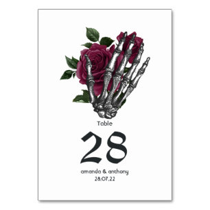 Burgundy Floral Skeleton Gothic Wedding Table Number