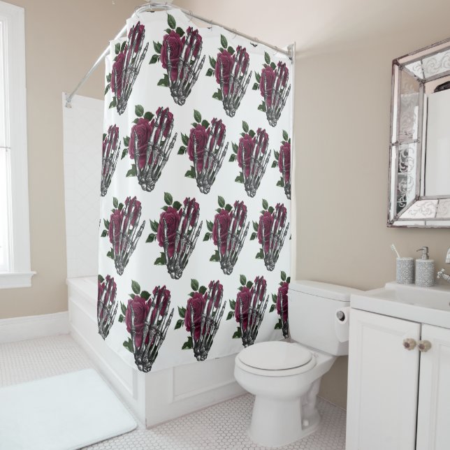 Burgundy Floral Skeleton Hand Gothic Shower Curtain (In Situ)