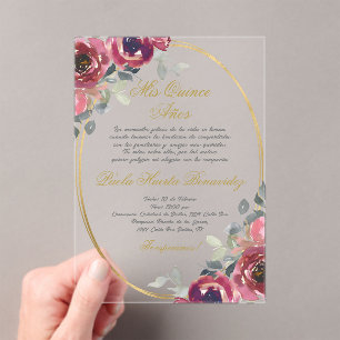 Burgundy floral Spanish Quinceanera Acrylic Invitations