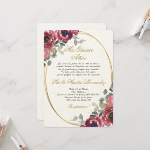 Burgundy floral Spanish Quinceanera Invitation