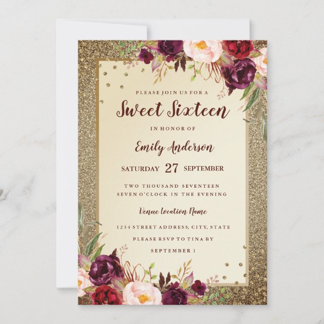 Burgundy floral Sparkle Gold Sweet Sixteen Invite (Front)